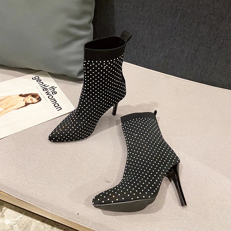 2023 Fashion Sexy Crystal Rhinestone Stretch Fabric Ankle Boots for Woman Pointed Toe Shoes Party Modern Autumn Booties