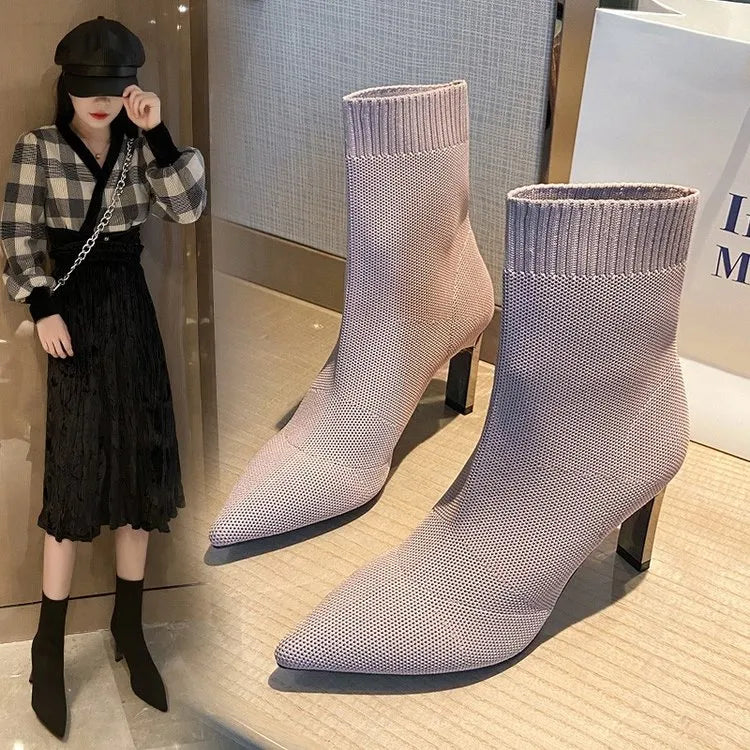 2023 New Autumn Winter Thick High-heeled All-match Thin and Thin Boots Women's Pointed Toe Mid-tube Elastic Socks Boots Women