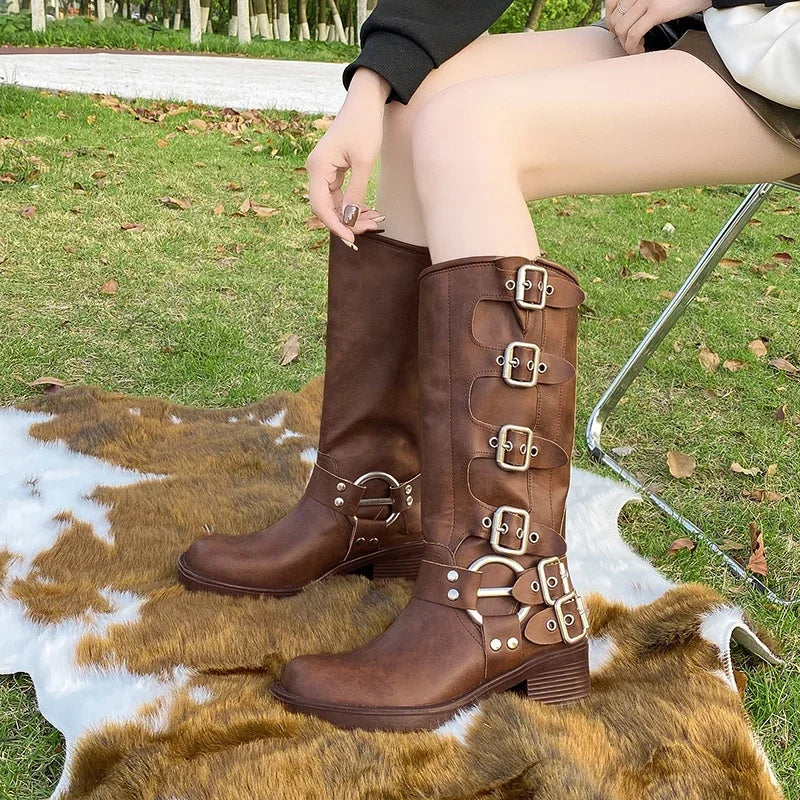 2023 Fashion Shoes for Women Basic Women's Boots Retro Knee-High Boots Women Belt Buckle Round Toe Slip on Med Heel Shoes Female