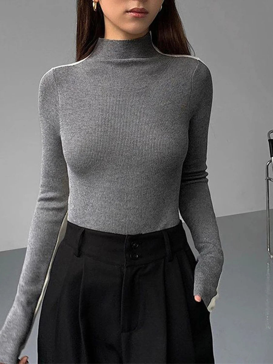 Patchwork Fashion Knitted Sweater Autumn Woman Half High Collar Long Sleeve Pullover Casual Simple Basic Jumper Female Sweaters