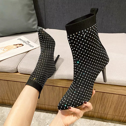 2023 Fashion Sexy Crystal Rhinestone Stretch Fabric Ankle Boots for Woman Pointed Toe Shoes Party Modern Autumn Booties