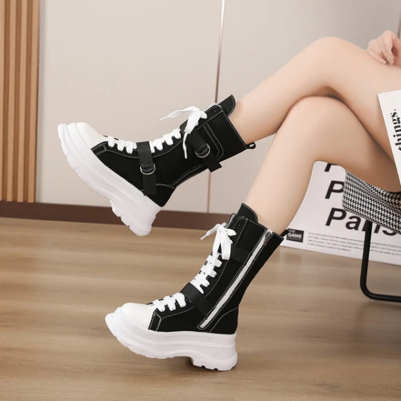 Canvas Chunky Platform Women's Boots 2022 Autumn Lace-Up Zipper Motorcycle Boots Woman Thick Bottom Non-Slip Ankle Booties