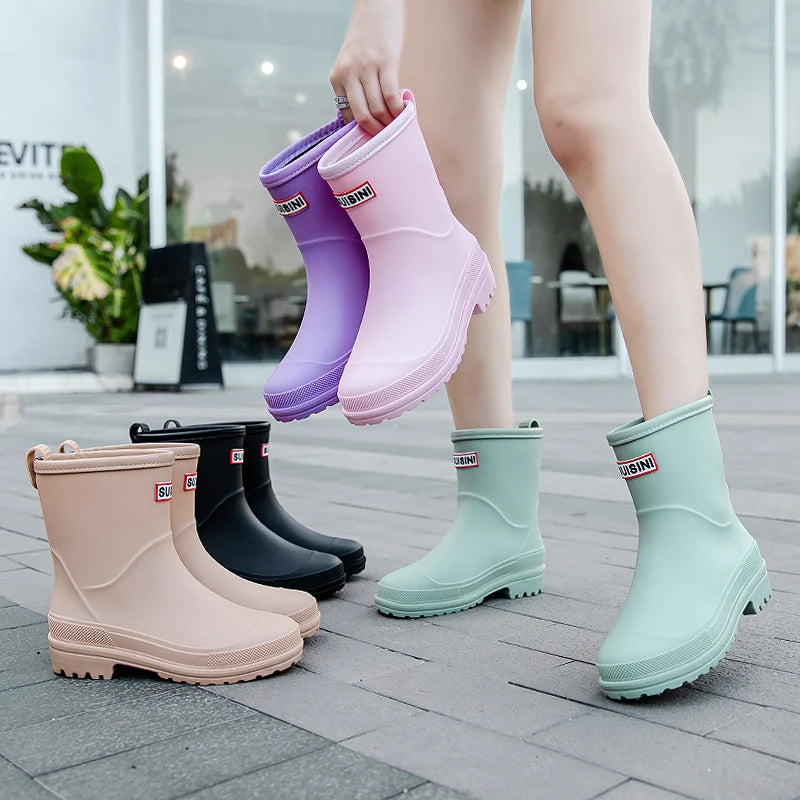 New Fashion Rain Boots Women Waterproof PVC Work Shoes Outdoor Winter Middle Tube Plus Fleece Slip on Rain Boots Lady Size 36-41