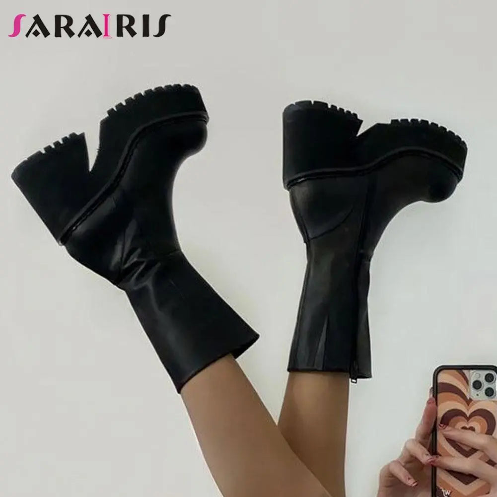 Brand New Design Autumn Winter Knee High Boots Gothic Punk Motorcycle Boots Women Platform Chunky High Heels Shoes For Woman