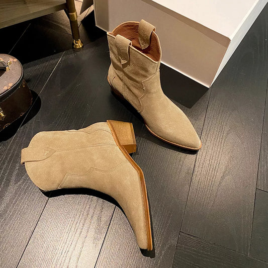 2022 Winter Classic Chelsea Boots for Woman Cow Suede Pointy toe Wedge Heel Ankle Boots Simple Comfortable Cowboy Boots Female