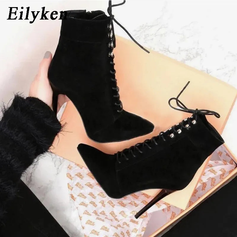 Eilyken 2024 New Women Pointed Toe Ankle Boots Autumn Winter Cross-tied Zipper Chelsea Booties Party Stripper Ladies Shoes