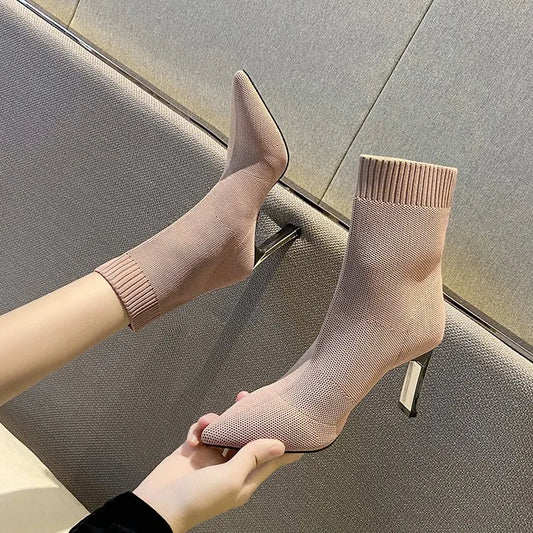 2023 New Autumn Winter Thick High-heeled All-match Thin and Thin Boots Women's Pointed Toe Mid-tube Elastic Socks Boots Women