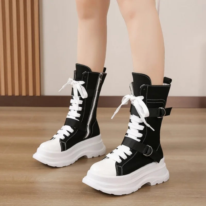 Canvas Chunky Platform Women's Boots 2022 Autumn Lace-Up Zipper Motorcycle Boots Woman Thick Bottom Non-Slip Ankle Booties