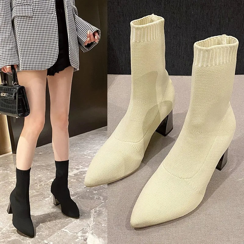 2022 New Autumn Winter Thick High-heeled All-match Thin and Thin Boots Women's Pointed Toe Mid-tube Elastic Socks Boots Women