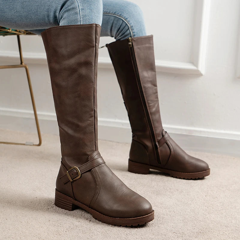 Thigh high Boots brown Women Vintage leather Square Heel Zipper knee height buckle Boot Keep Warm Round Toe Shoes British Style