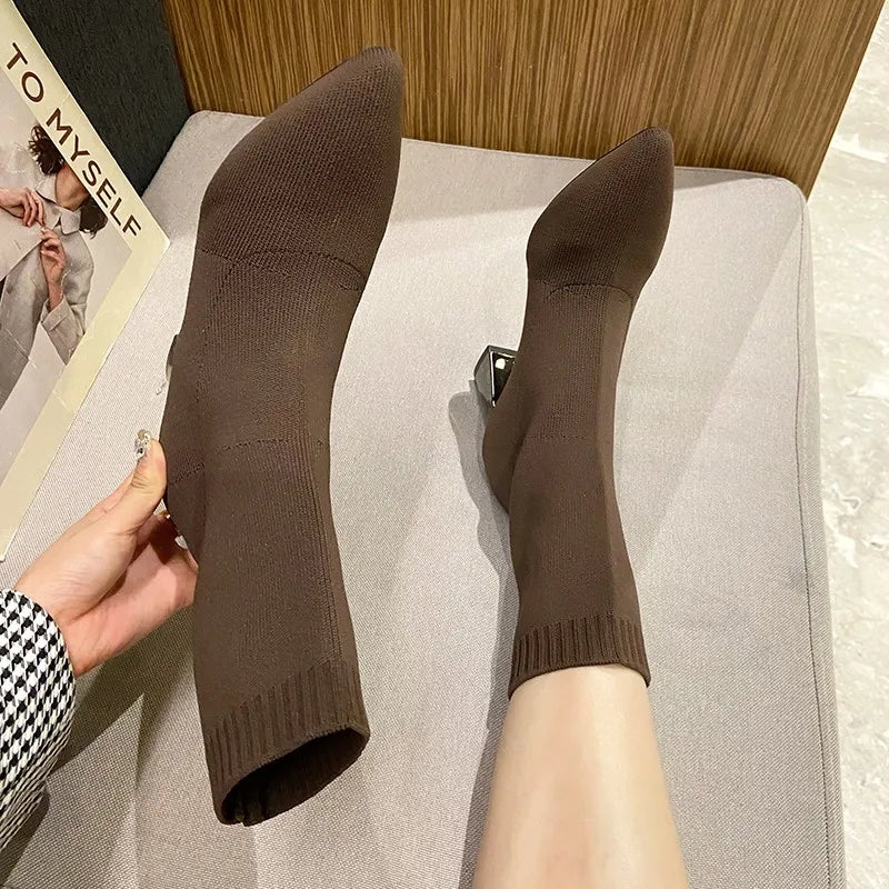 2022 New Autumn Winter Thick High-heeled All-match Thin and Thin Boots Women's Pointed Toe Mid-tube Elastic Socks Boots Women