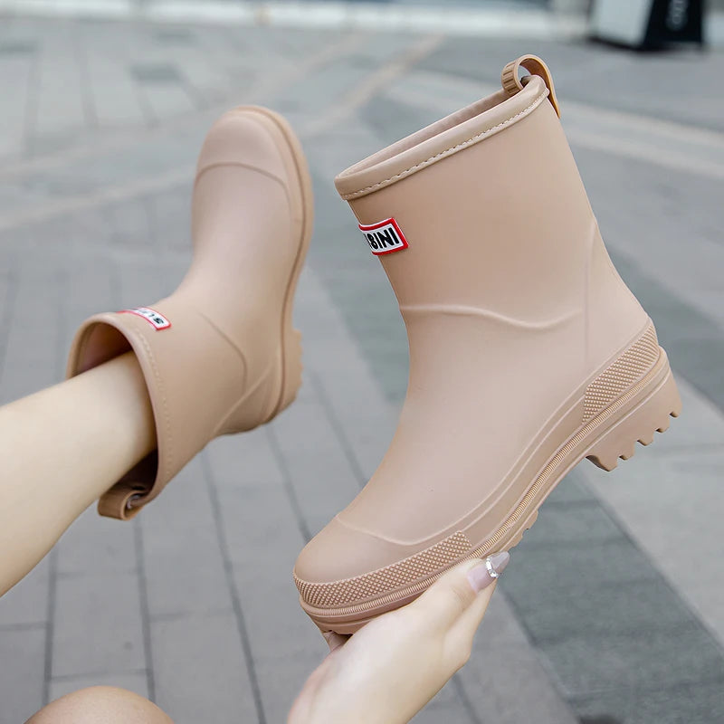 New Fashion Rain Boots Women Waterproof PVC Work Shoes Outdoor Winter Middle Tube Plus Fleece Slip on Rain Boots Lady Size 36-41